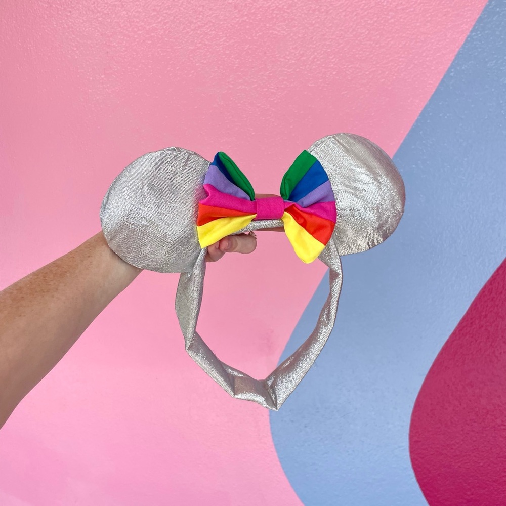 New York Couture Silver 80s Iconic Outfit Remake Rainbow Mouse Ears Tie Headband - Picture 3 of 7